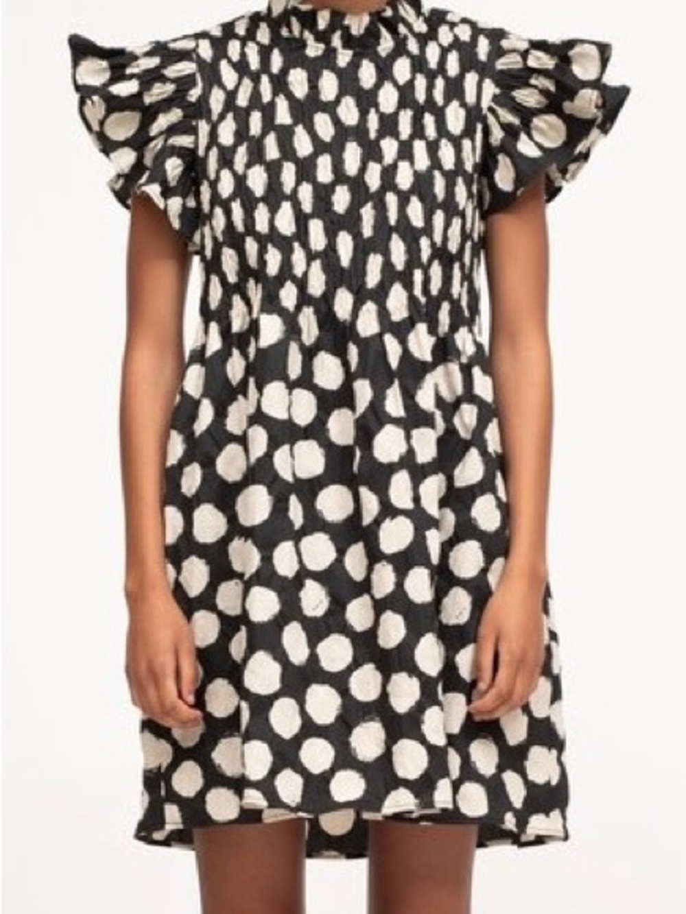 Sea New York “Arline” Polka Dot Smocked Mini Dress in Navy